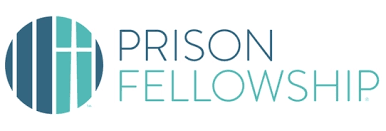 Prison fellowship logo blue and teal vertical lines with cross and words "prison fellowship"