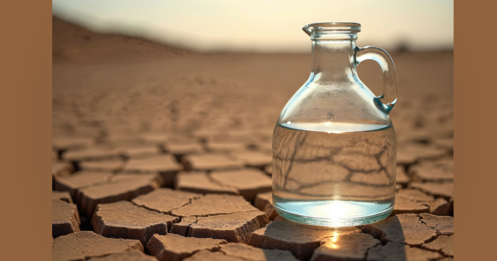 clear Jug of water on cracked dry ground